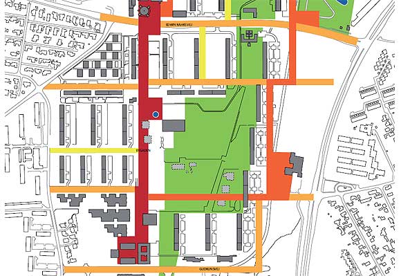 helhedsplan-veje Bygaden er markeret med rødt, områdets egen indre "ringgade" med mørk orange og tværforbindelser med lys orange. Gult er andre nye veje.