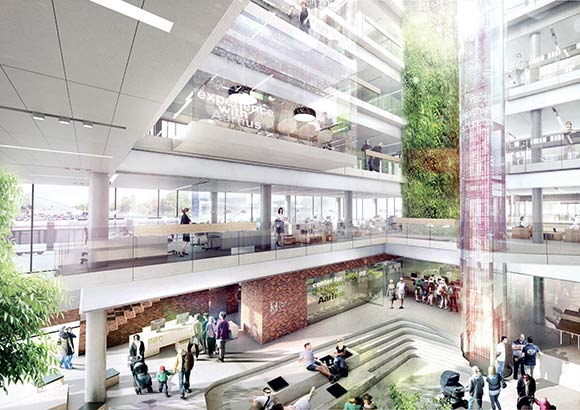 Arkitekternes bud på den indendørs indretning af det nye kontorhus med masser af liv.