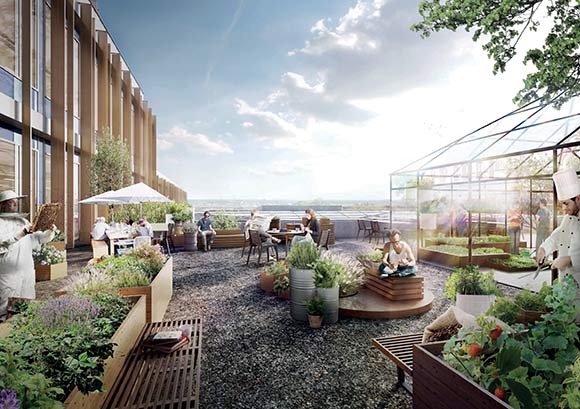 På taget af kontorbygningen indrettes forskellige uderum med udsigt over hele Gellerup og ind til Aarhus. Her er også drivhuse, hvor restaurantens kok kan dyrke sine egne grøntsager.