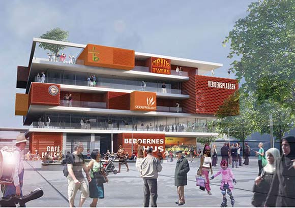 Forslag til nyt beboerhus på Verdenspladsen. Illustration fra dispositionsplanen for Gellerup og Toveshøj.