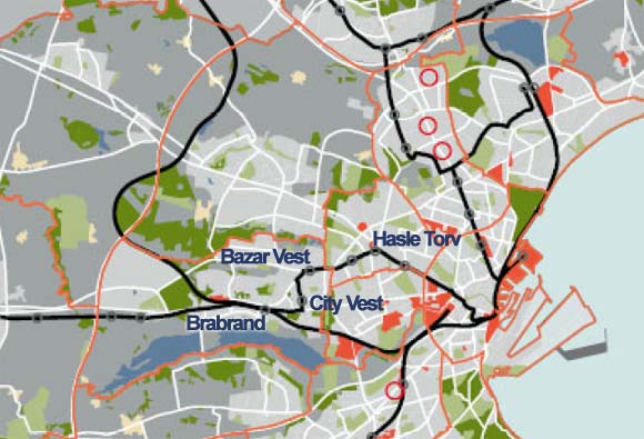 Nye letbaner (sort) med udvalgte stedangievlser - efter kort fra Cowis "Kort over byudbvikling i kommunerne"