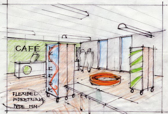 Tegning af arkitekt Ane Marie Hindhede – visualisering af den kommende café.